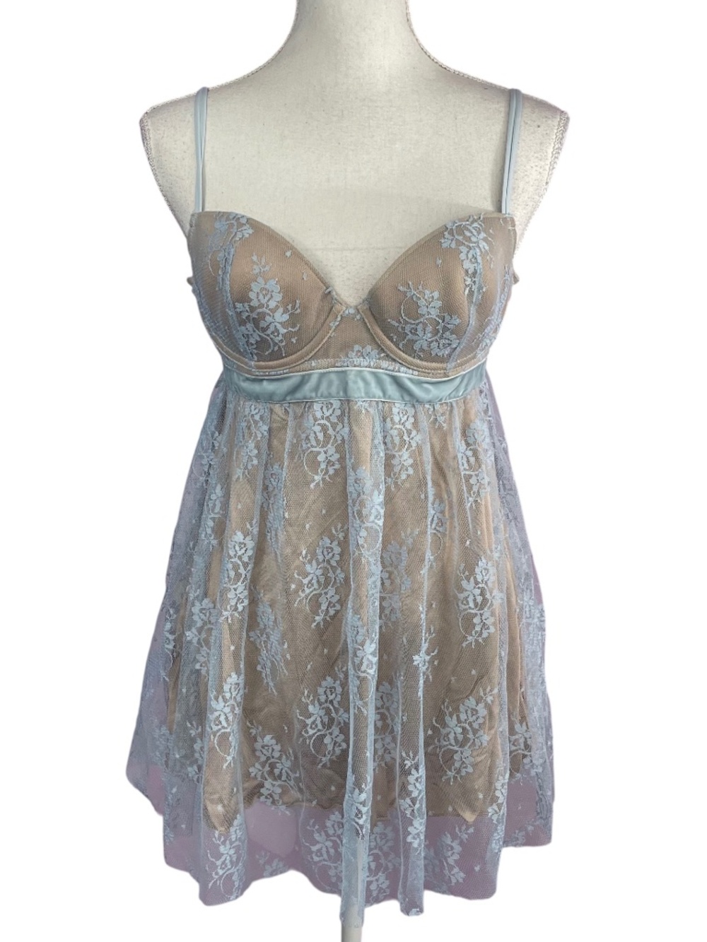 delicates Blue Lace Nude Mesh Babydoll Chemise